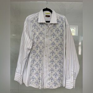 Havana Nines Embroidered White Dress Shirt with Blue & Yellow Stripes